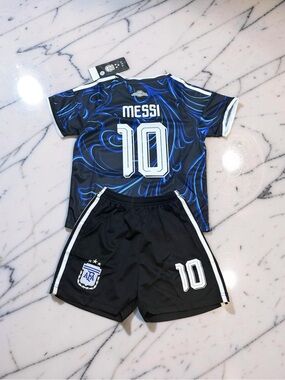 Kids Argentina Messi #10 Soccer Jersey + Shorts Set Youth Black Blue Kit